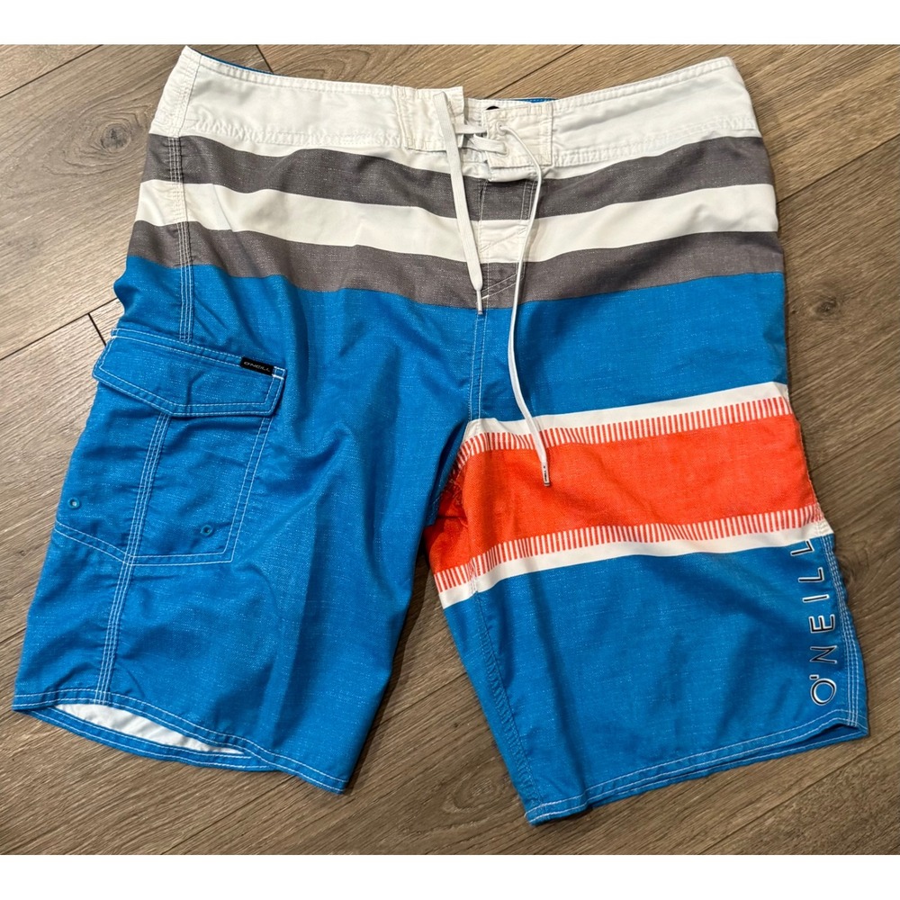 ONeill Mens Blue Orange Striped Board Shorts Swim Trunks Size 34 RN85773